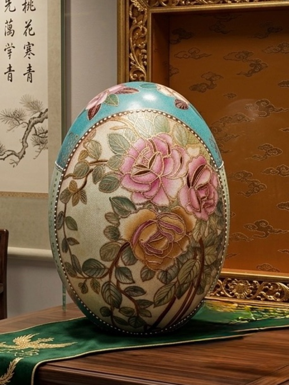 Hand-Painted Floral Ceramic Egg Sculpture in Teal and Pink by Satsuma